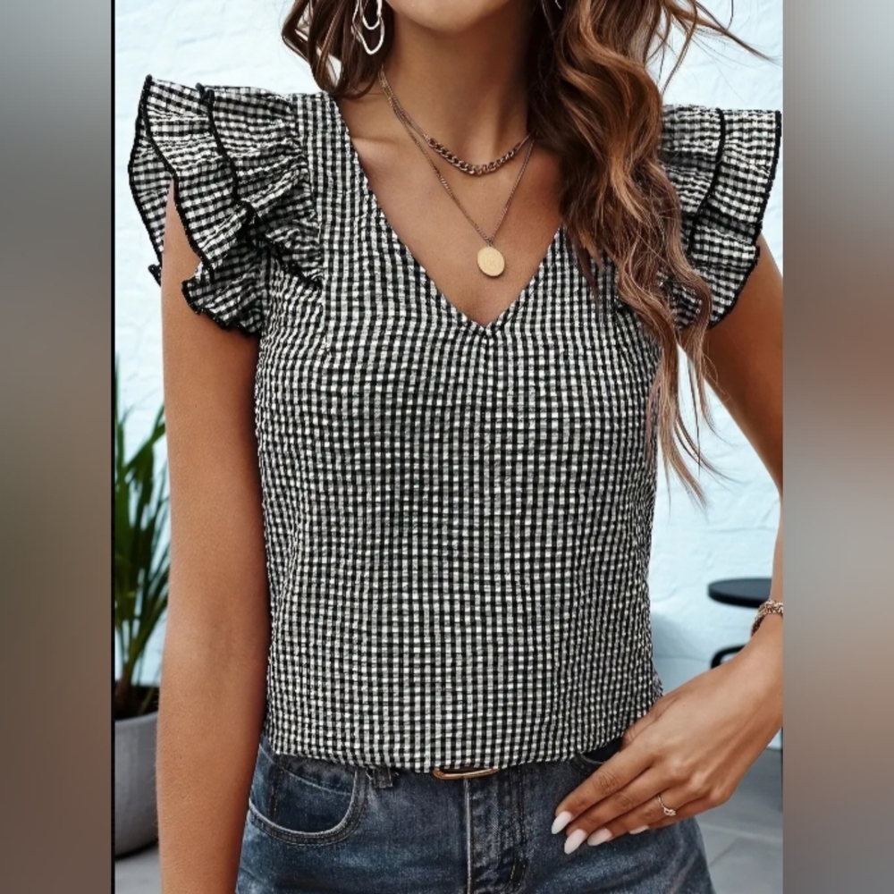 Women's Black and White Gingham Ruffle Top